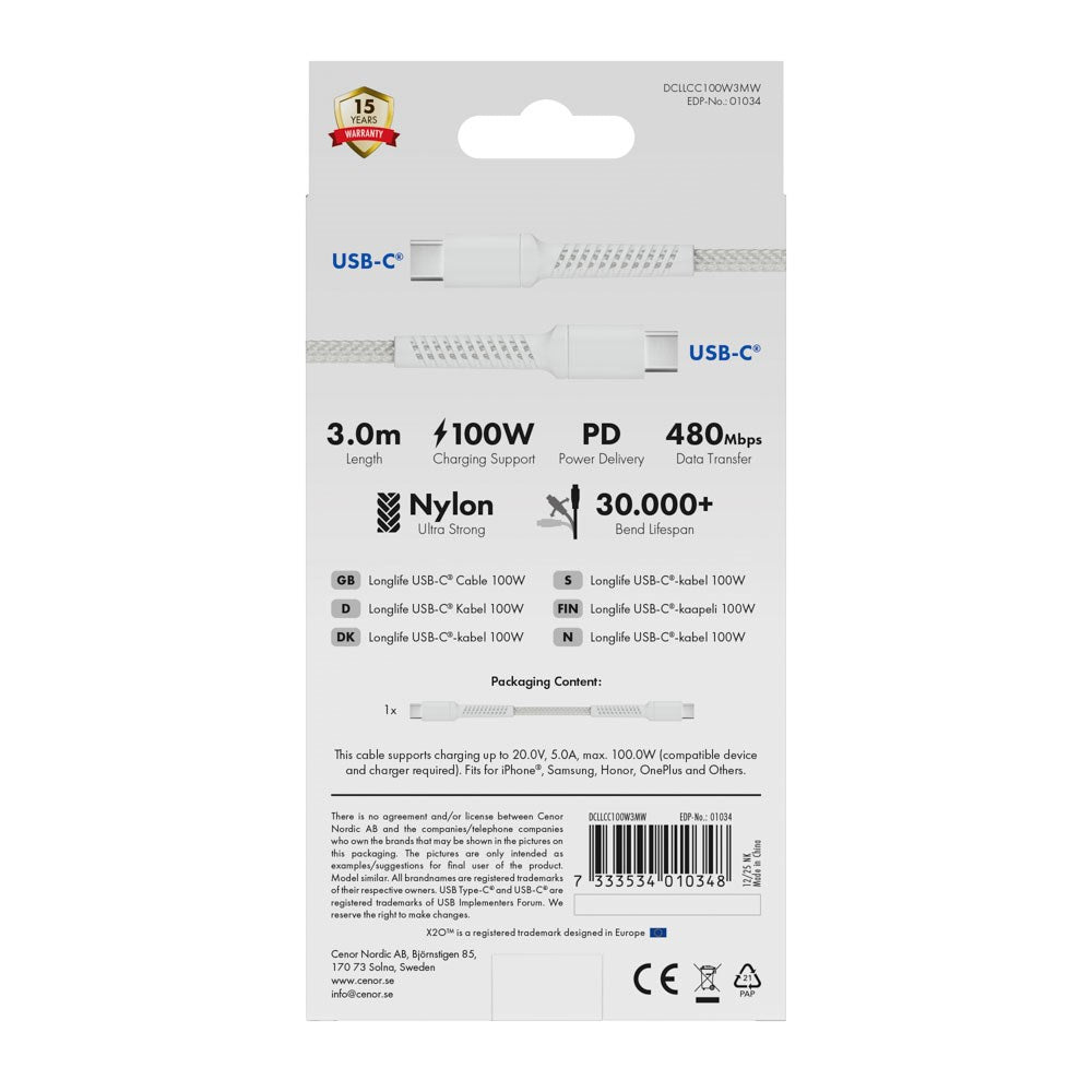 X2O Longlife USB-C til USB-C Kabel - 3m / 100W - Hvid