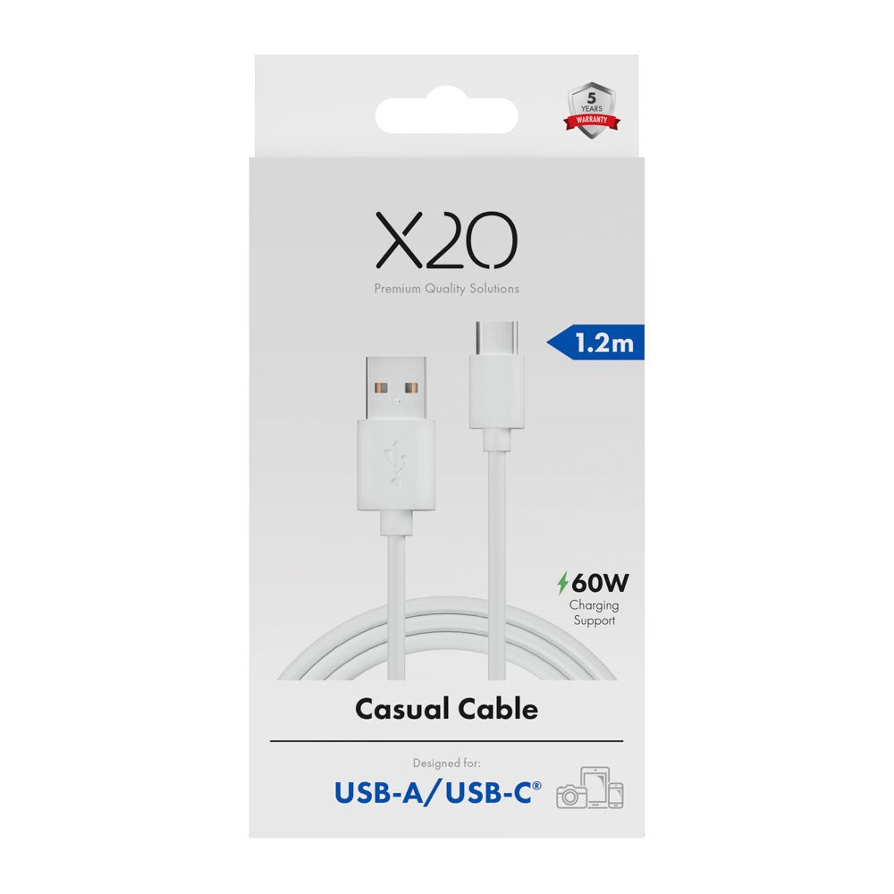 X2O Basic USB-A til USB-C Kabel - 1.2m / 60W - Hvid