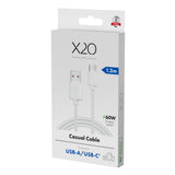 X2O Basic USB-A til USB-C Kabel - 1.2m / 60W - Hvid