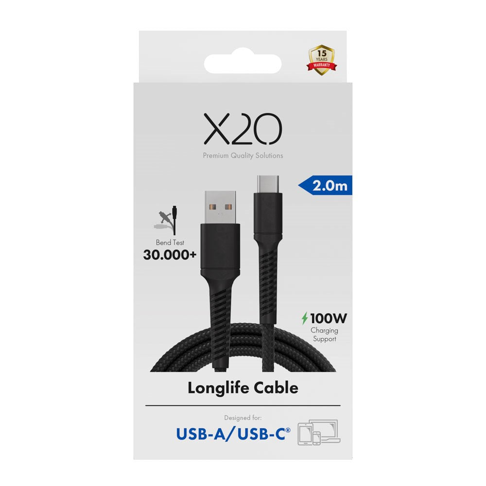 X2O Longlife USB-A til USB-C Kabel - 2m / 60W - Sort