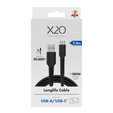 X2O Longlife USB-A til USB-C Kabel - 2m / 60W - Sort