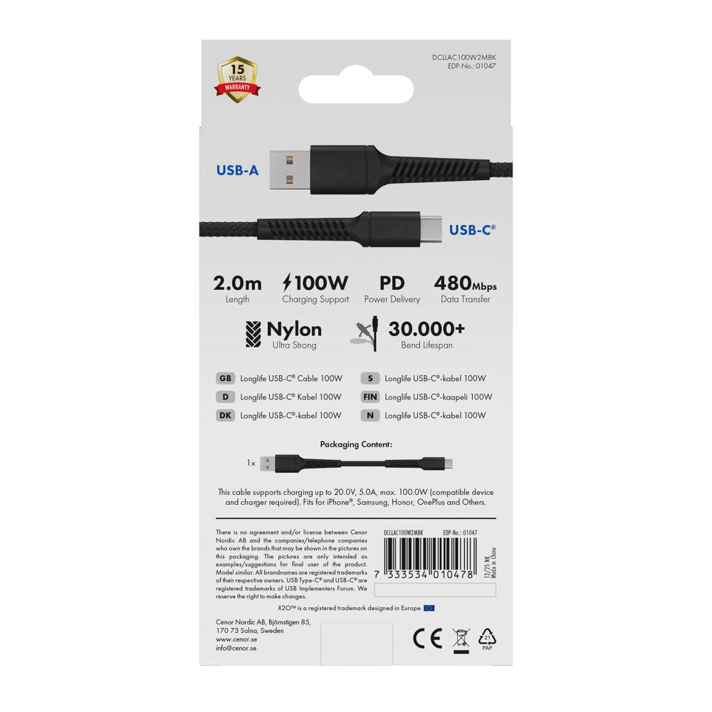 X2O Longlife USB-A til USB-C Kabel - 2m / 60W - Sort