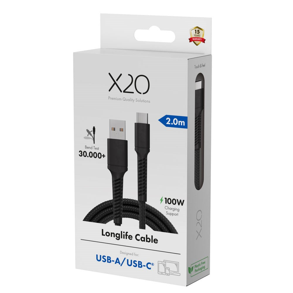 X2O Longlife USB-A til USB-C Kabel - 2m / 60W - Sort