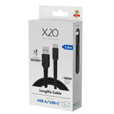 X2O Longlife USB-A til USB-C Kabel - 2m / 60W - Sort