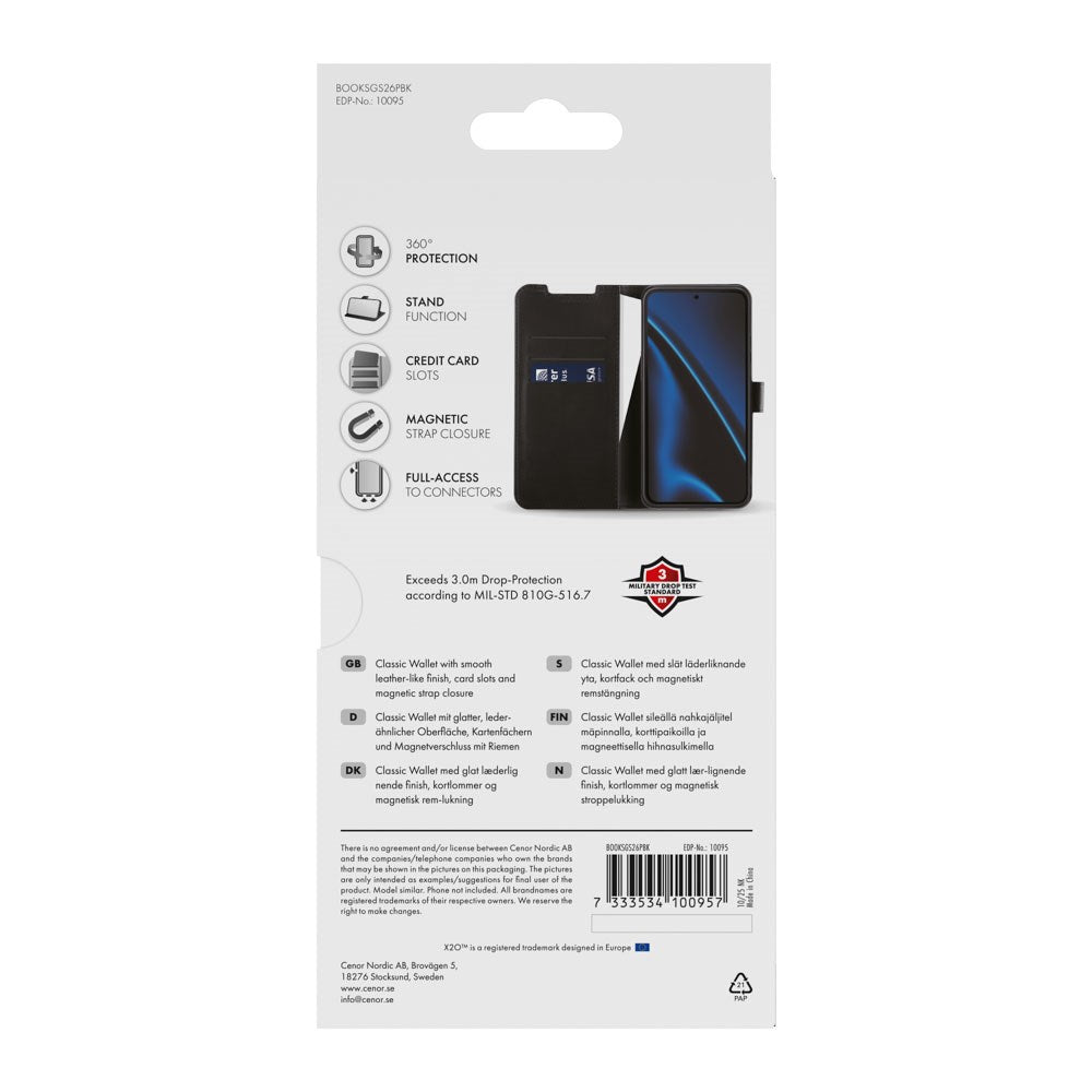 Samsung Galaxy S26+ (Plus) X2O Classic Wallet Flip Cover m. Kortholder & Ståfunktion - Sort