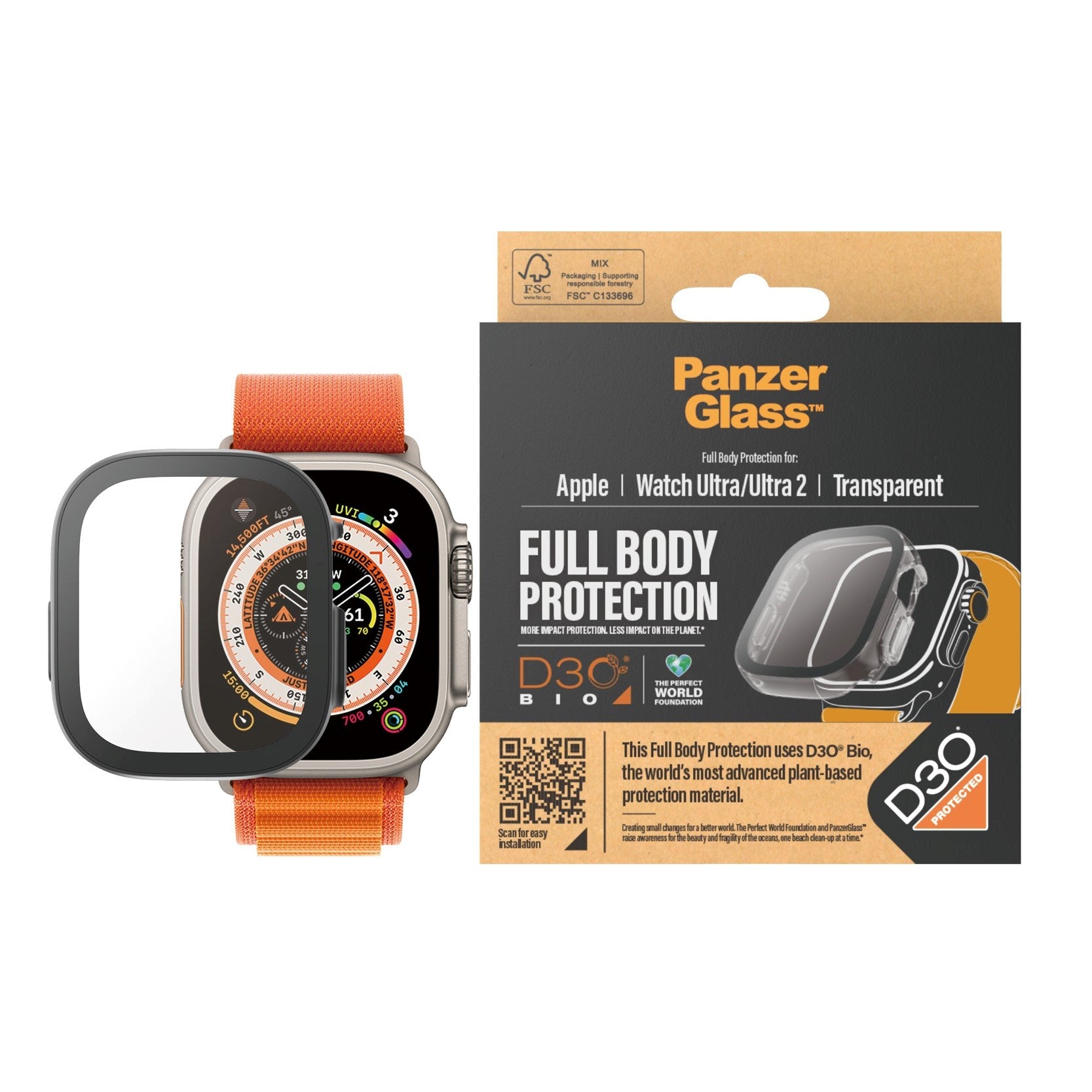 PanzerGlass Apple Watch Ultra 1/2 (49 mm) Helkropp D3O Bio Protection Cover m. Innebygd skjermbeskytter - Gjennomsiktig m. Svart ramme