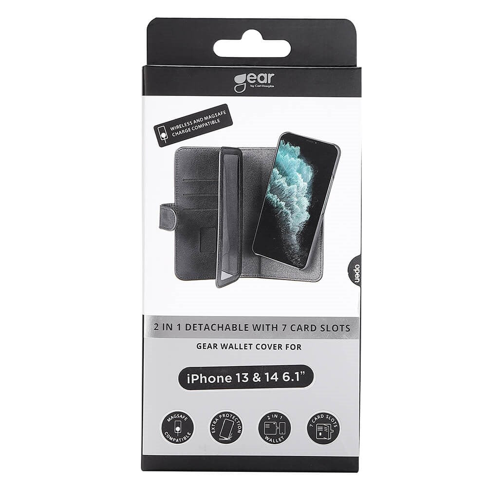 iPhone 14 GEAR Wallet - Læder Flip 2-i-1 Cover m. Pung 7 Kort - Sort