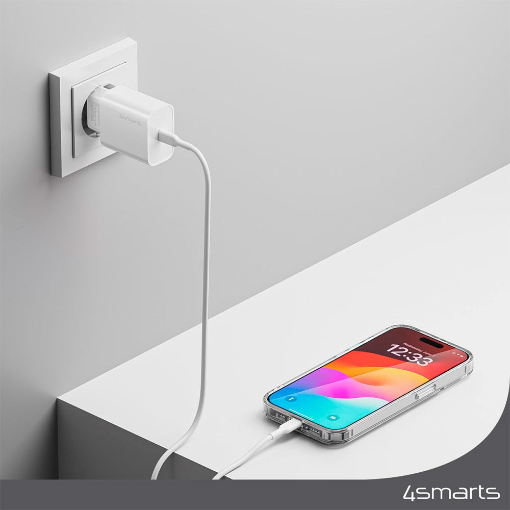 iPhone 15 4smarts Premium startsett - MagSafe bakdeksel, skjermbeskytter og 20W vegglader - Gjennomsiktig / Hvit