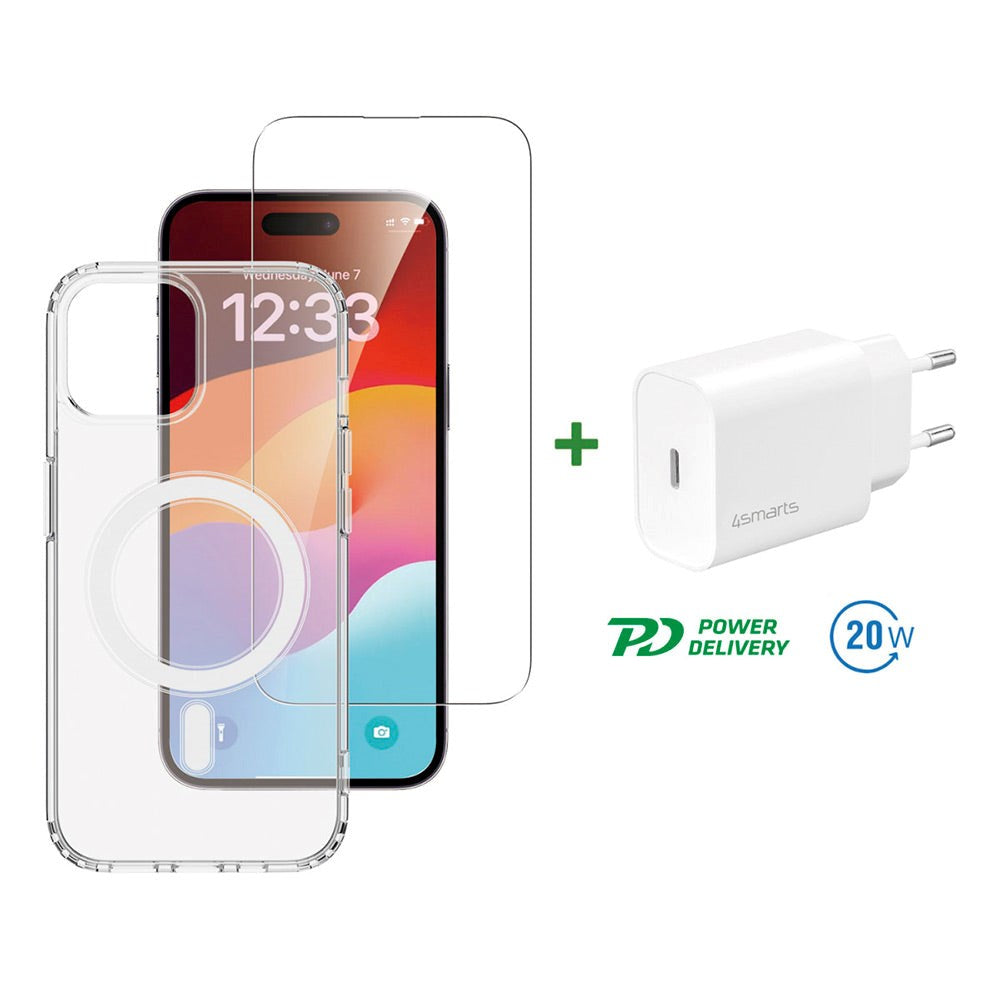 iPhone 15 Plus 4smarts Premium startsett - MagSafe bakdeksel, skjermbeskytter og 20W vegglader - Gjennomsiktig / Hvit