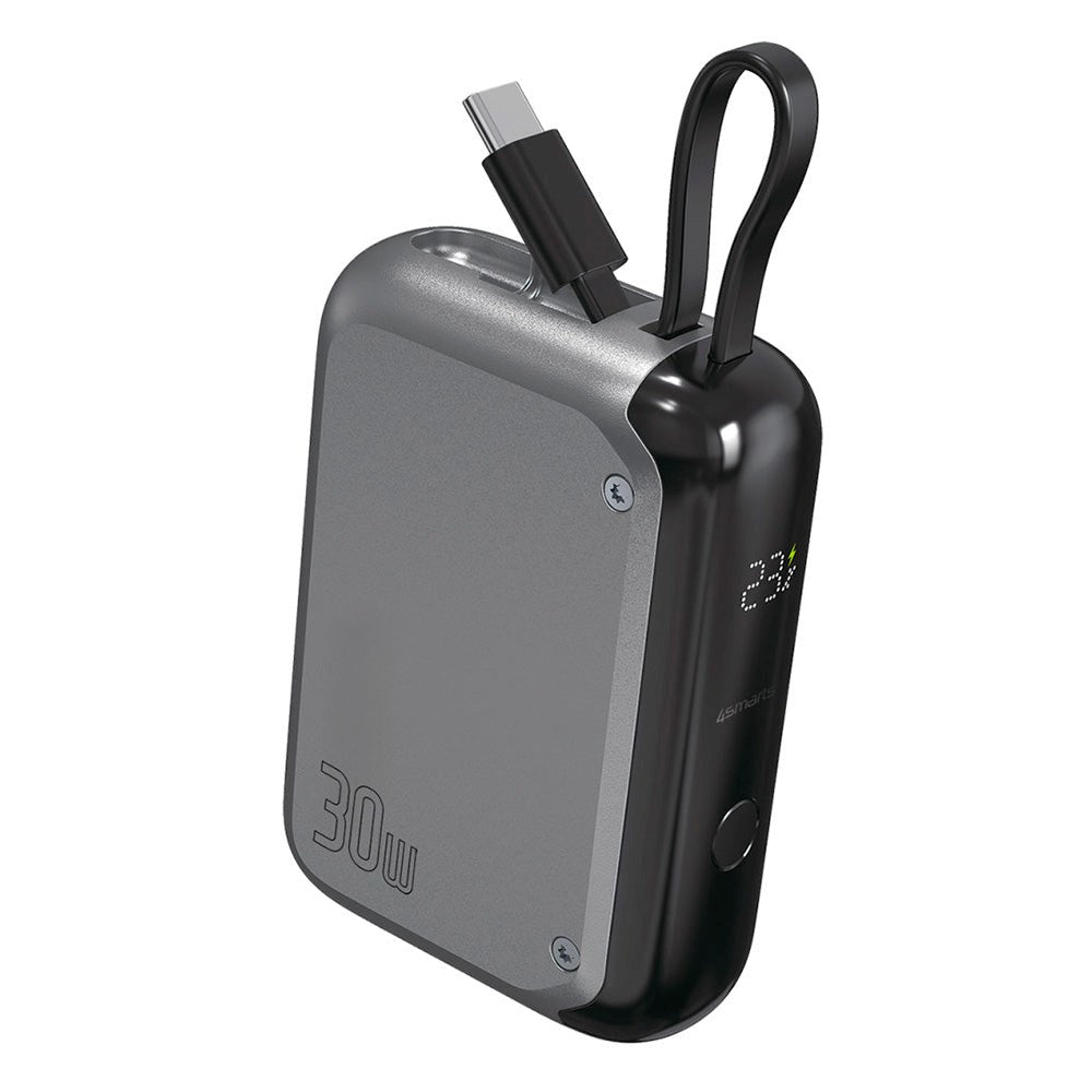4smarts Pocket Powerbank 30W m. Innebygd USB-C-kabel - 10 000 mAh - Grå