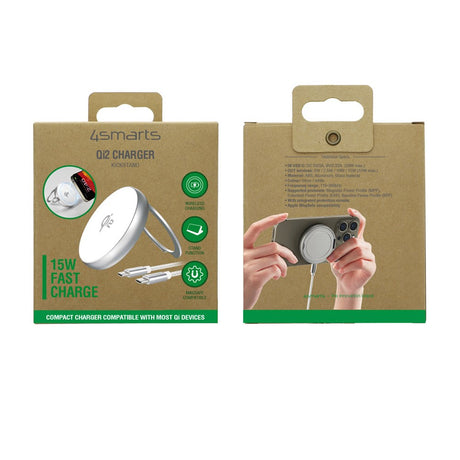 4smarts Qi2 trådløs lader 15W m. Stativfunksjon - MagSafe-kompatibel - Hvit / Sølv