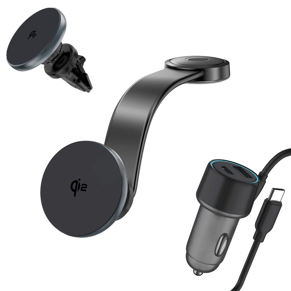4smarts Qi2 magnetisk biltelefonholder - Trådløs lading 15W og billader 30W - MagSafe-kompatibel - Grå
