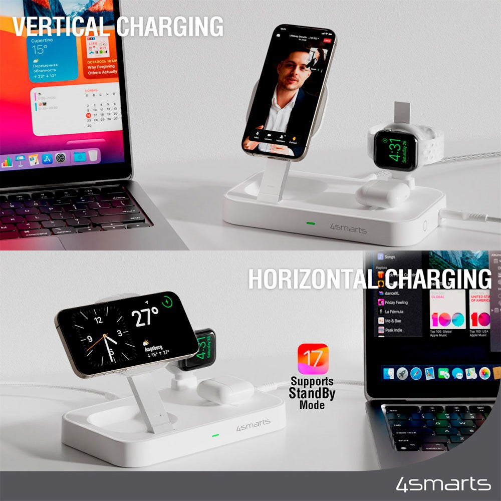 4smarts Qi2 trådløs lader 15W m. Apple Watch Stick - MagSafe-kompatibel - Hvit
