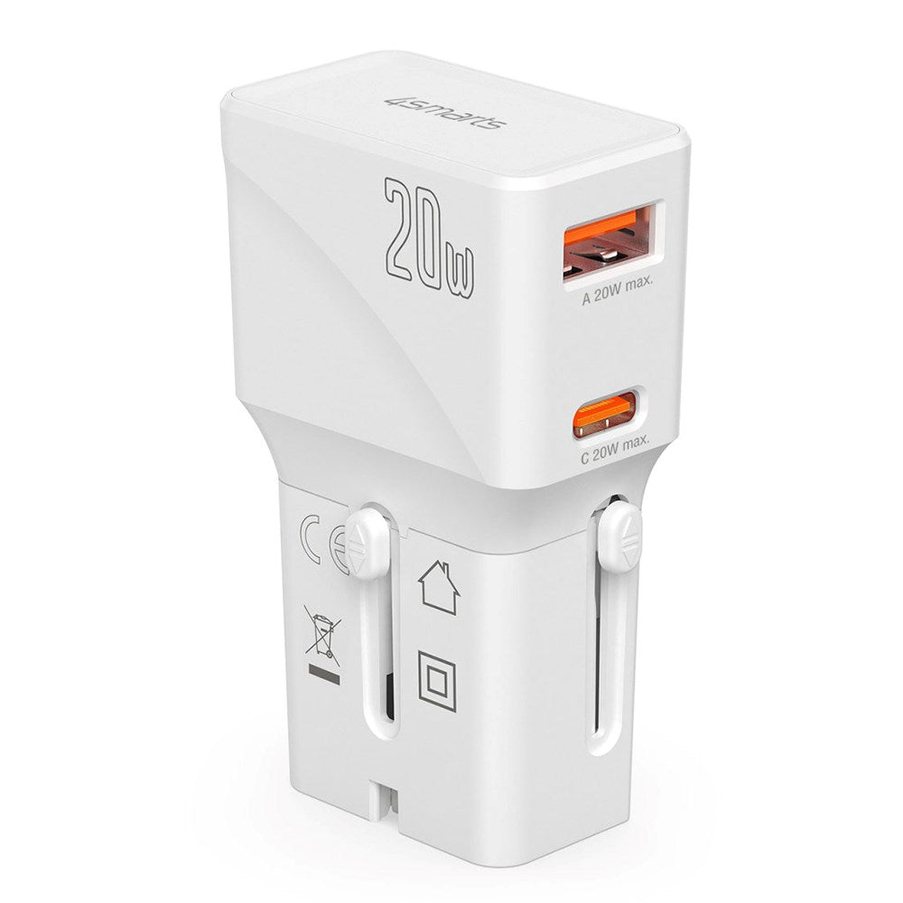 4smarts World Travel adapter m. 1 x USB-A og 1 x USB-C - Hvit