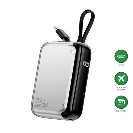 4smarts 10.000mAh Pocket Powerbank m. Indbygget USB-C Kabel 30W - Sølv