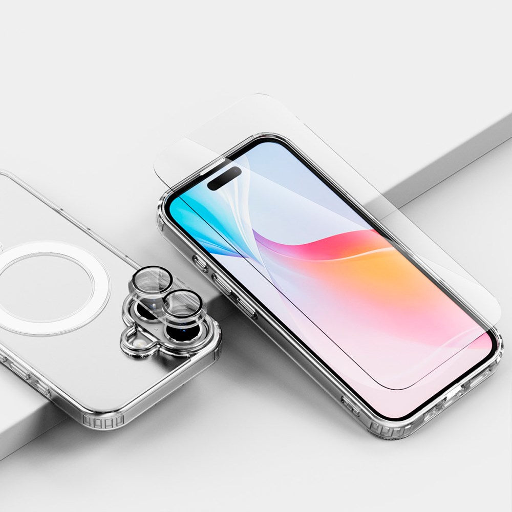 iPhone 16 4smarts Premium startsett - MagSafe bakdeksel, skjerm- og kameralinsebeskytter og 30W vegglader - gjennomsiktig / hvit