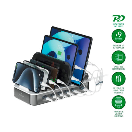 Ladestasjon med. 9 ladealternativer - 4smarts - 5x USB-C-kabel og 1x 4-i-2 multikabel - 100W - Grå/hvit