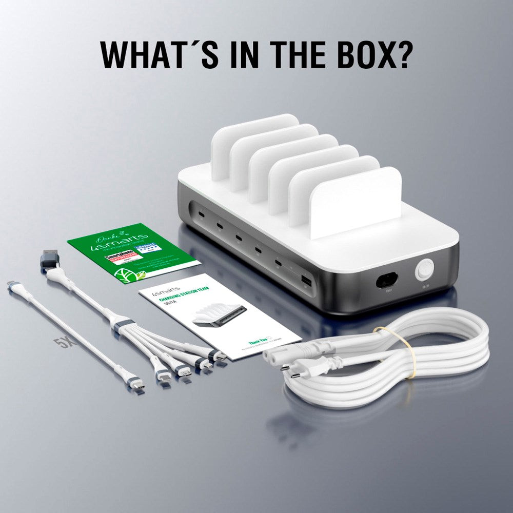 Opladningsstation m. 9 Opladningsmuligheder - 4smarts - 5x USB-C Kabel & 1x 4-i-2 Multikabel - 100W - Grå / Hvid