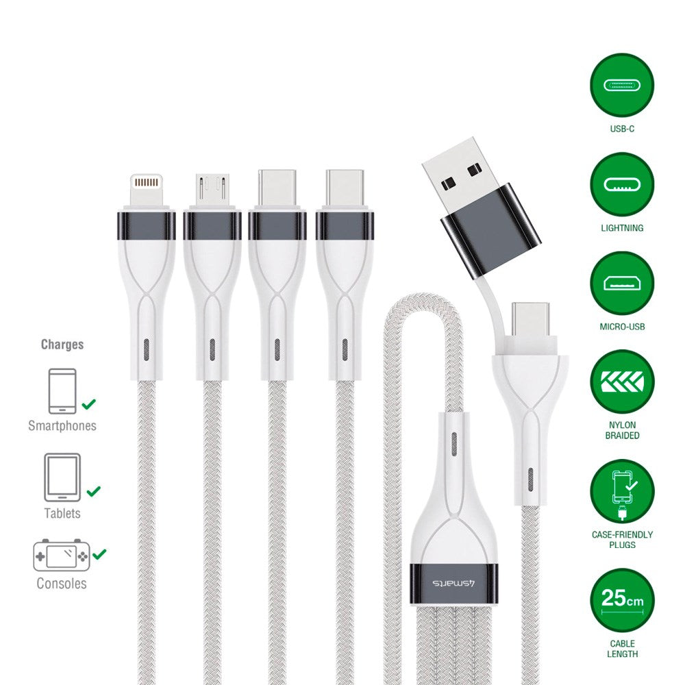 4-i-2 multiladekabel - 4smarts - USB-C / USB-A / Lightning / Micro USB - 25 cm - Hvit