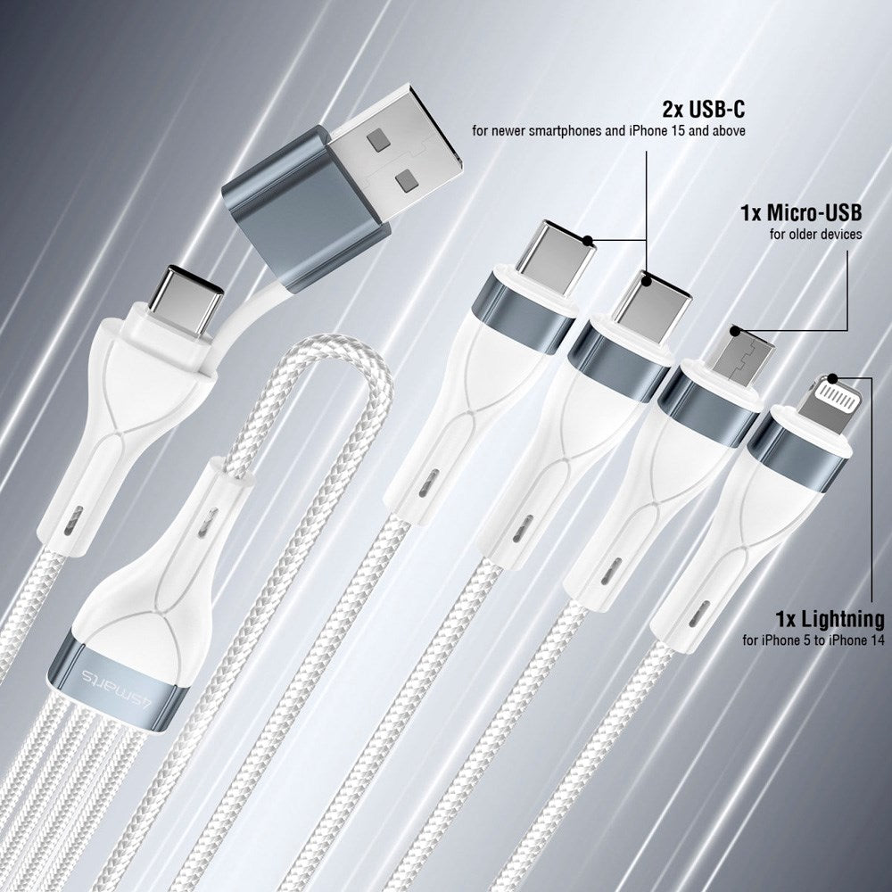 4-i-2 multiladekabel - 4smarts - USB-C / USB-A / Lightning / Micro USB - 25 cm - Hvit