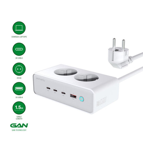 6-i-1 bordlader - 4smarts - 65W - 2x AC-plugg / 3x USB-C / 1x USB-A - Hvit