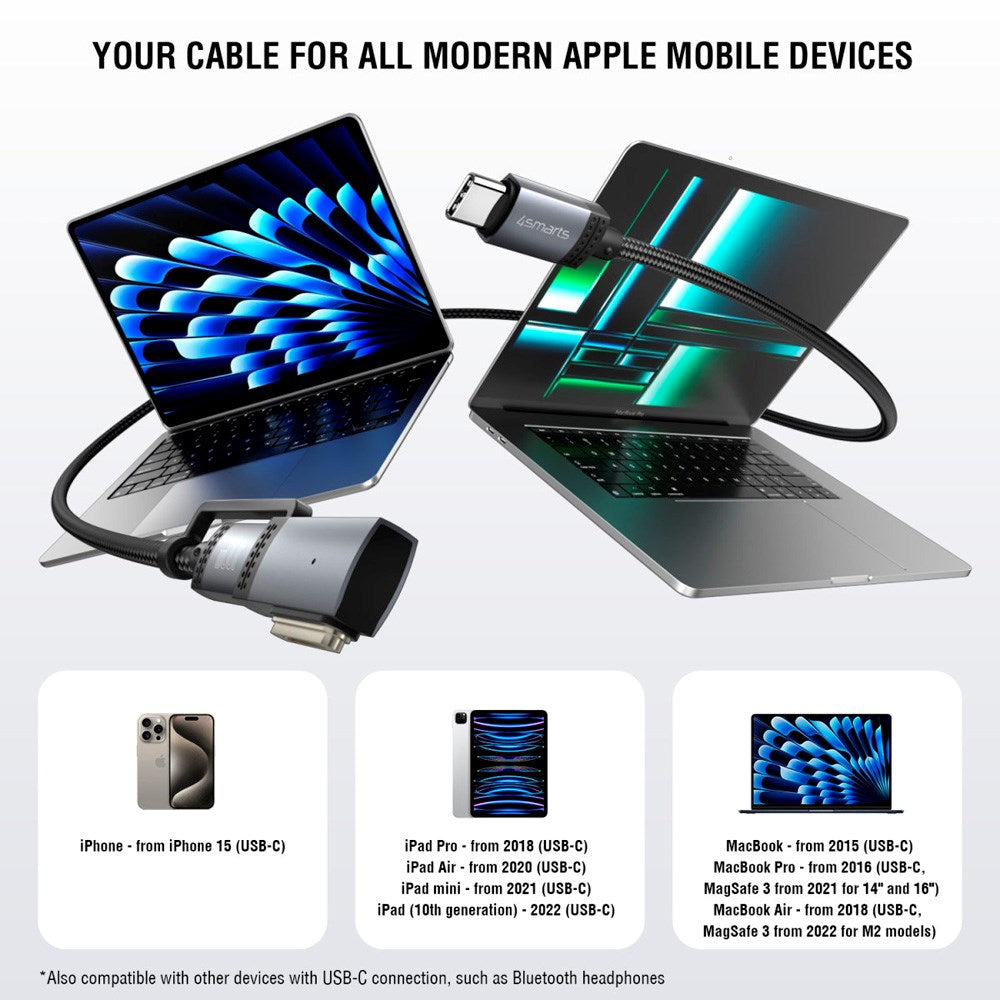 2-i-1 ladekabel - 4smarts - USB-C-kabel og MagSafe 3-adapter - 100W / 2m - Svart