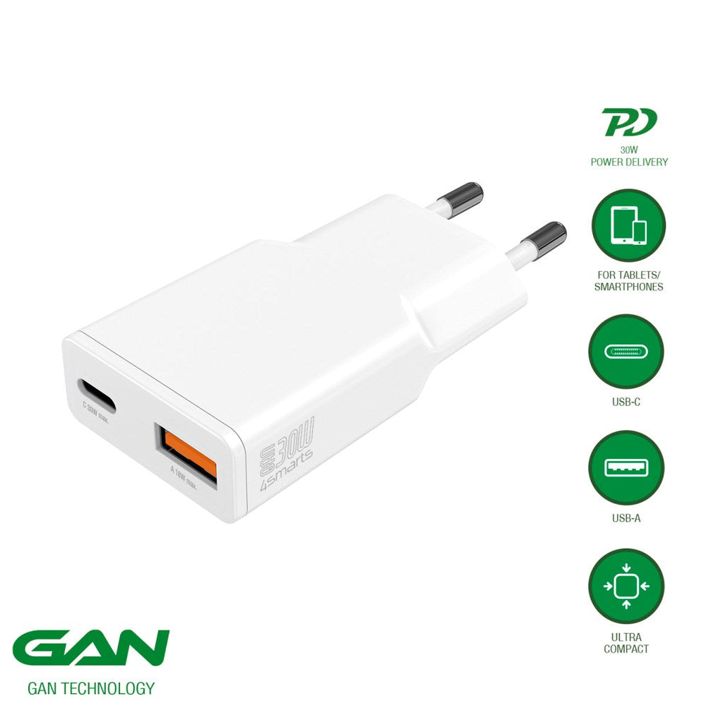 2-i-1 vegglader - 4smarts - 18W USB-A / 30W USB-C - Hvit