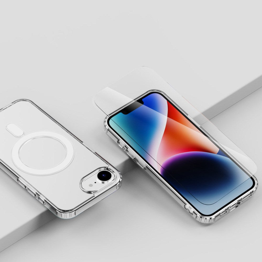 4smarts - iPhone 16e - 3-i-1 Premium startsett - MagSafe-deksel, skjermbeskytter og 20W vegglader - Gjennomsiktig / Hvit