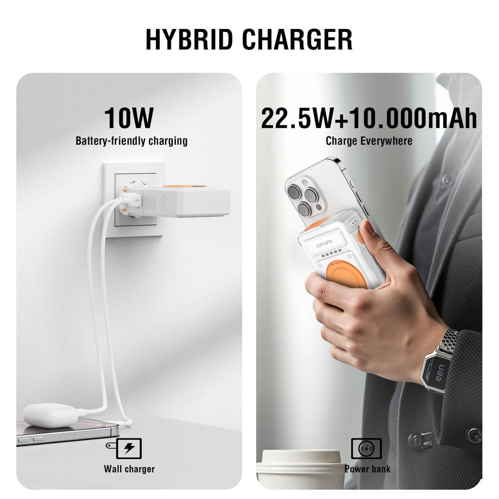 4smarts 6-i-1 10.000mAh Multifunktionel Powerbank / Trådløs Oplader - Hvid / Orange
