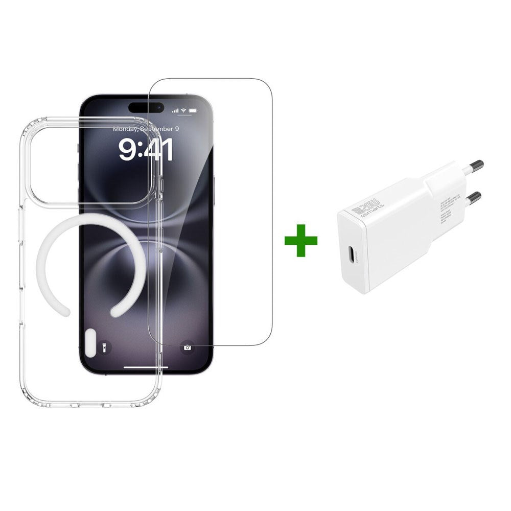 iPhone 17 Pro - 4Smarts 3-i-1 Premium Starter Set - MagSafe Mobil Cover, Skærmbeskyttelse & 20W Vægoplader - Gennemsigtig / Hvid