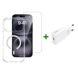 iPhone 17 Pro Max - 4Smarts 3-i-1 Premium Starter Set - MagSafe Mobil Cover, Skærmbeskyttelse & 20W Vægoplader - Gennemsigtig / Hvid