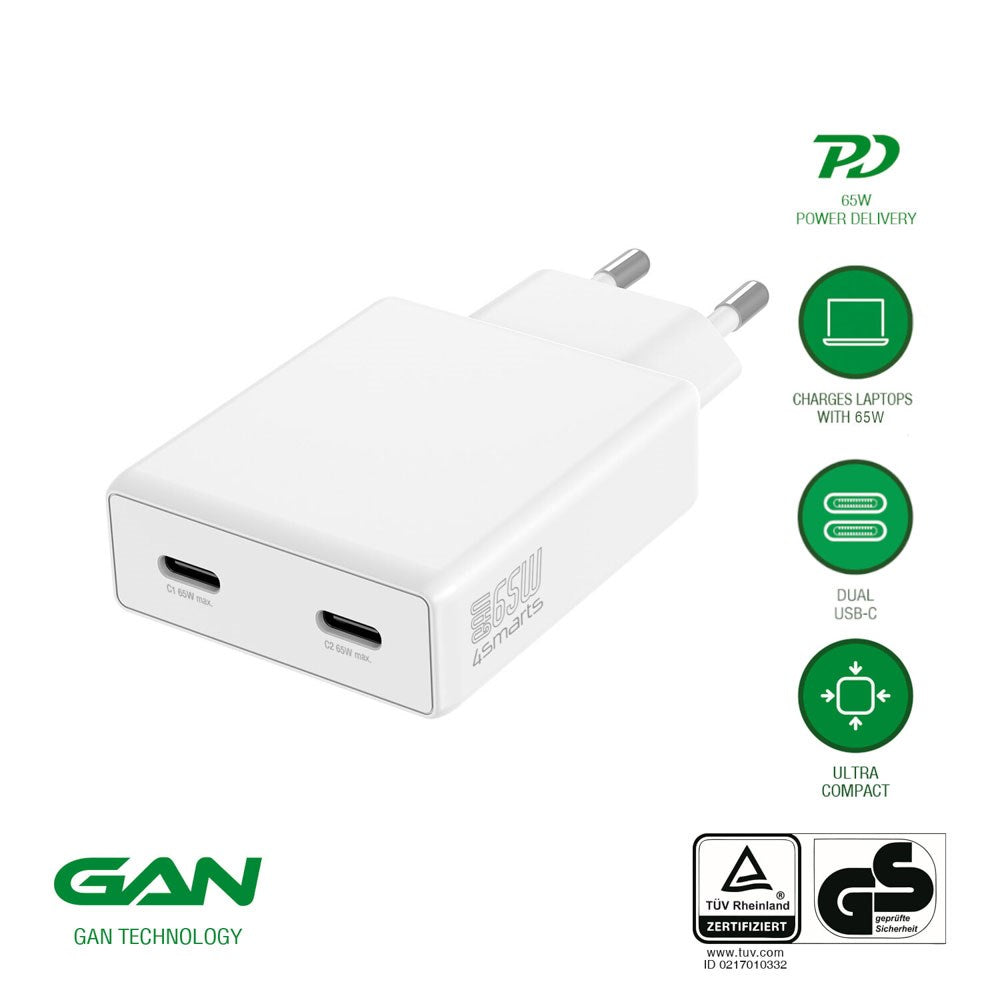 4smarts PDPlug Slim 65W Vægoplader - 2 x USB-C - Hvid