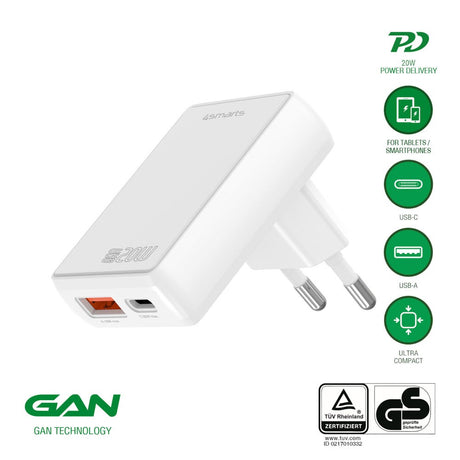 4smarts FlatPlug 20W Vægoplader - 1 x USB-C - 1 x USB-A - Hvid