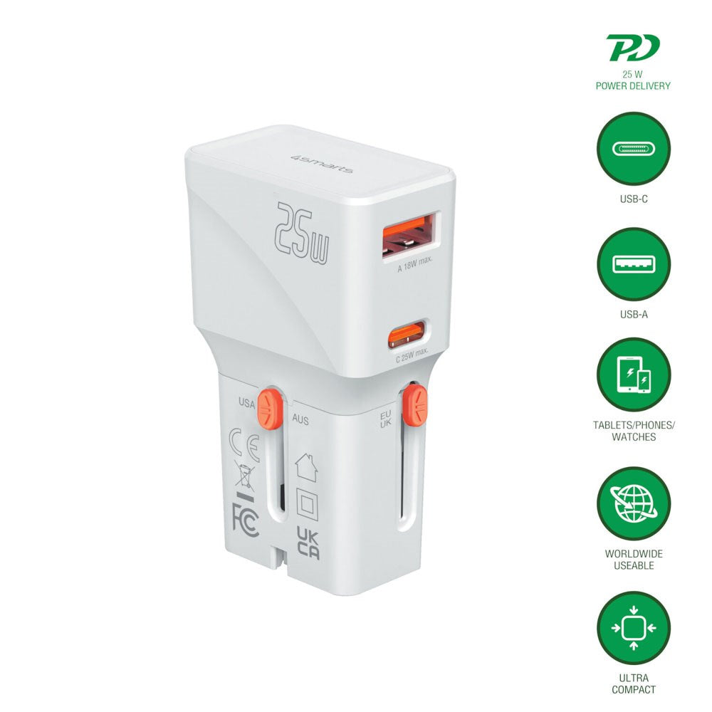 4smarts 25W Rejseadapter til EU/UK/US/AUS m. 1 x USB-C 1 x USB-A - Hvid