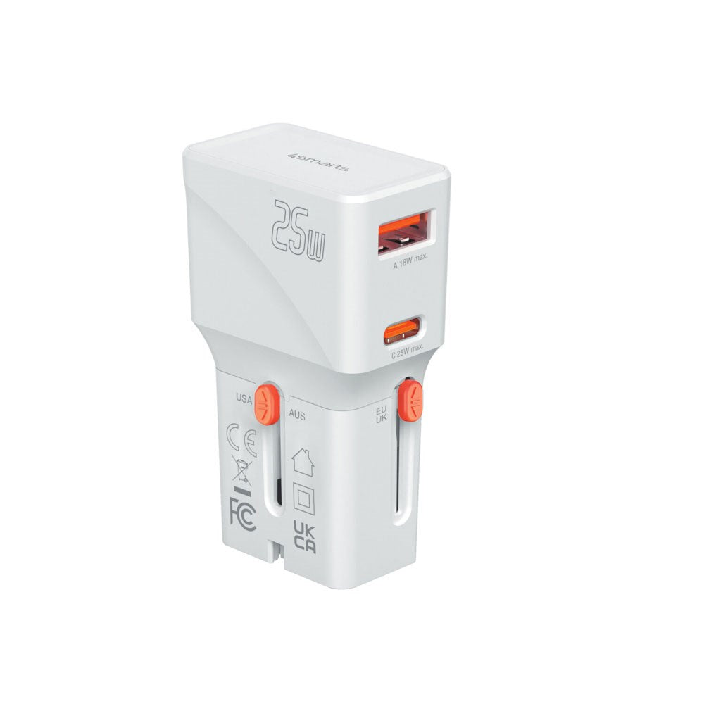 4smarts 25W Rejseadapter til EU/UK/US/AUS m. 1 x USB-C 1 x USB-A - Hvid