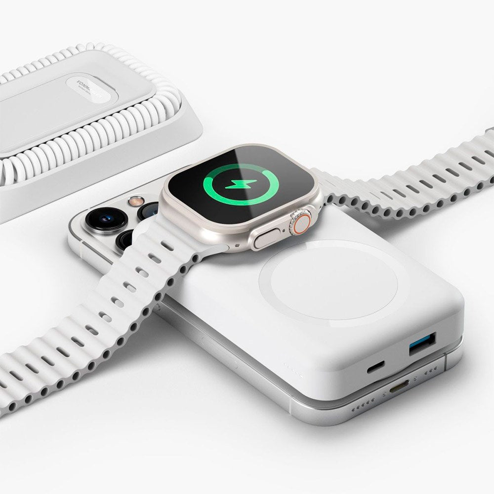 Vonmählen Allroundo Pro Magnetic Powerbank 10 000 mAh w. USB-C 60 cm-kabel, mikro-USB og USB-A-adapter - MagSafe-kompatibel - Hvit