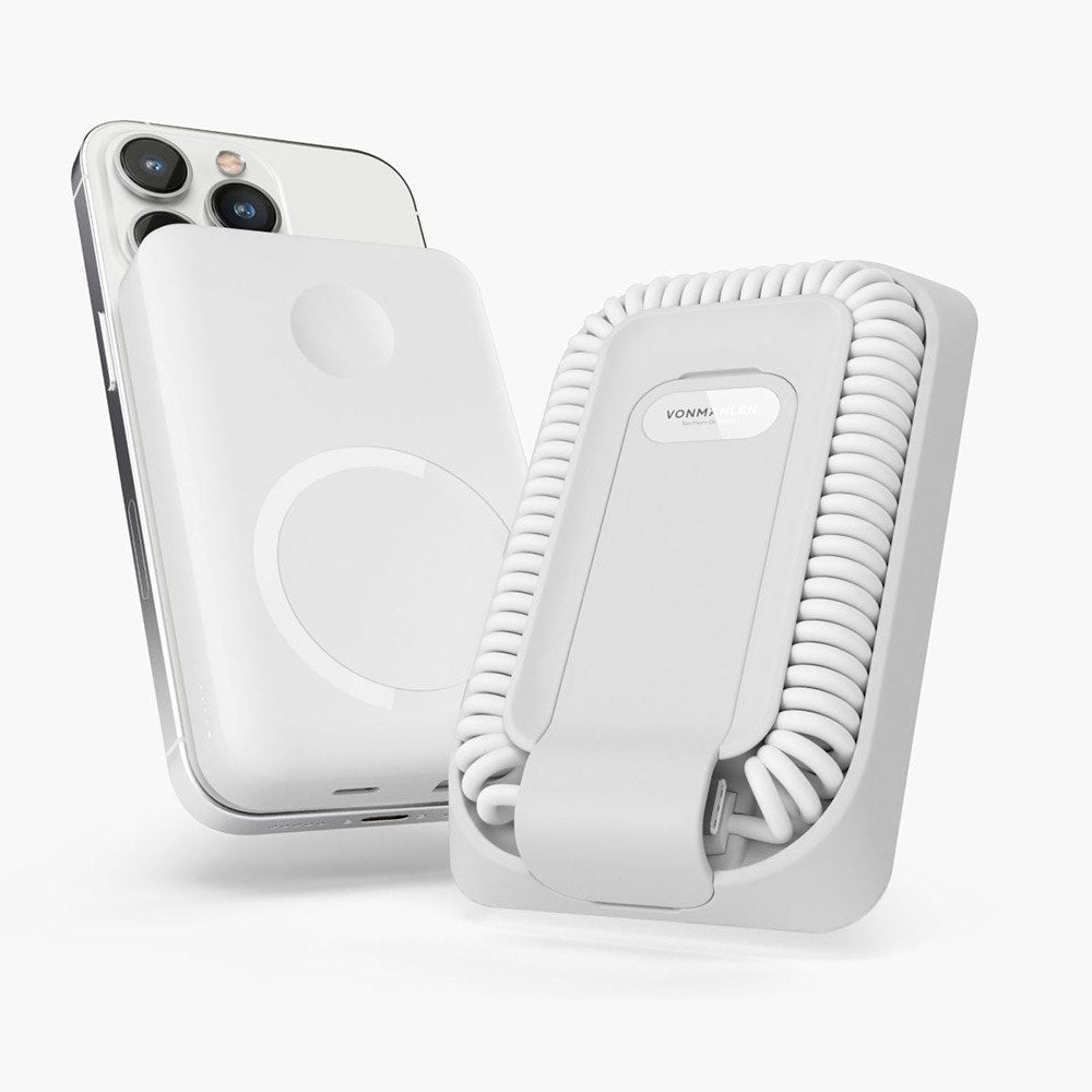 Vonmählen Allroundo Pro Magnetic Powerbank 10 000 mAh w. USB-C 60 cm-kabel, mikro-USB og USB-A-adapter - MagSafe-kompatibel - Hvit
