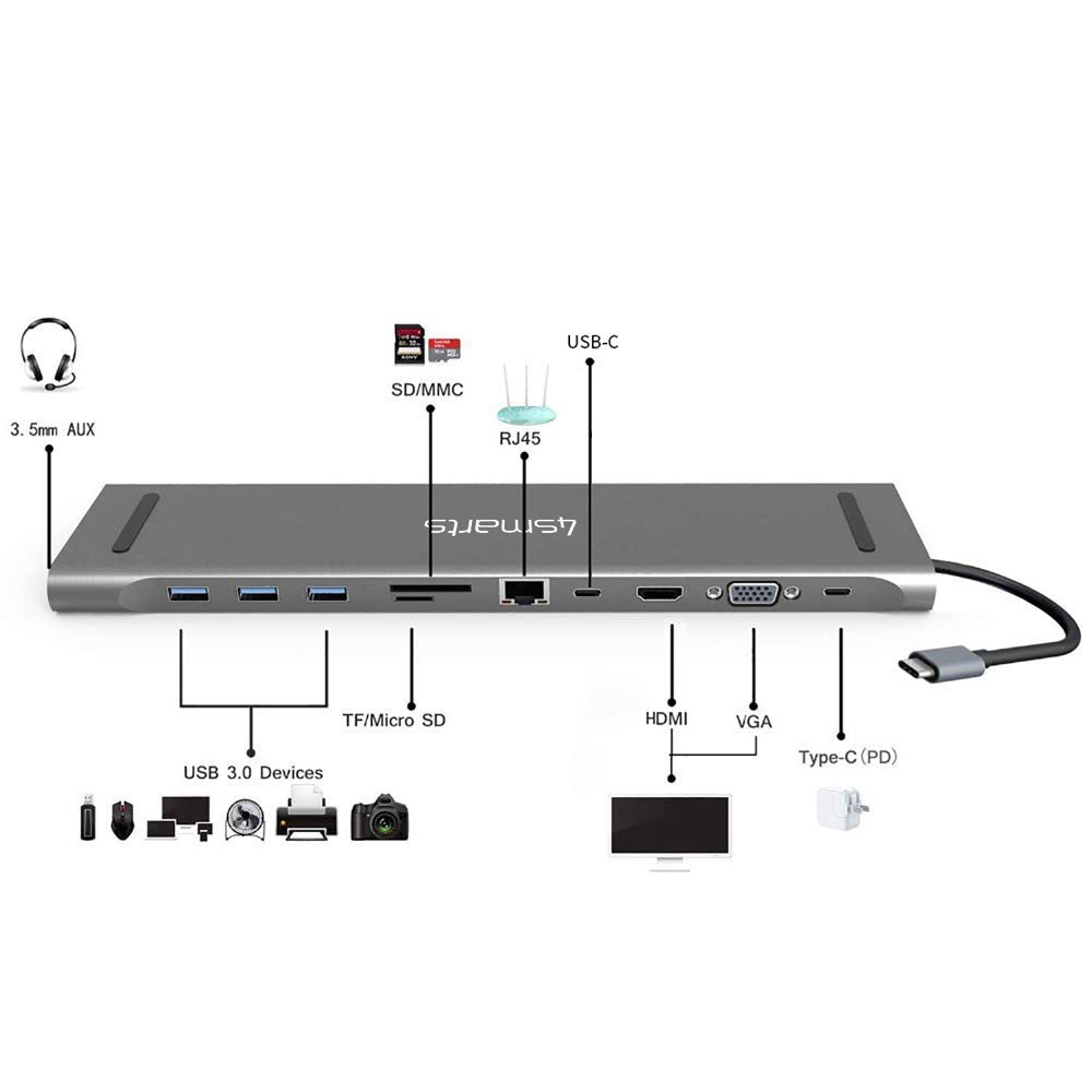 4smarts Universal Tablet / Laptop Stander & 11-i-1 USB-C Hub - Grå