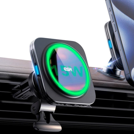 ESR Halolock Qi-2 magnetisk mobilholder for bil m. Trådløs lading 15W - MagSafe-kompatibel - Svart