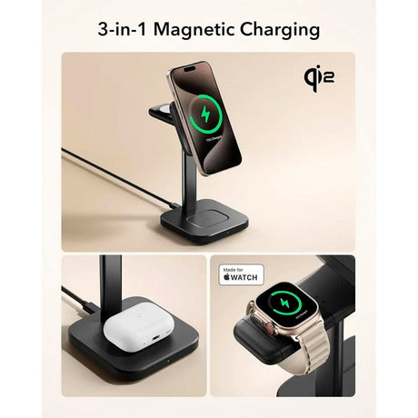 3-in-1 ESR Trådløs Oplader inkl. Aftagelig Apple Watch Oplader - MagSafe Kompatibel - Sort