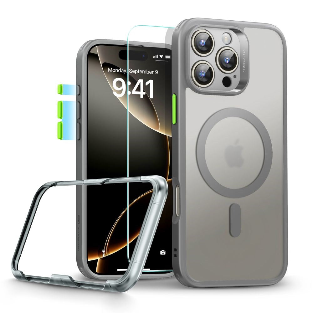 iPhone 16 Pro Max ESR HaloLock m. Bagside Cover & Beskyttelsesglas - MagSafe Kompatibel - Mat Grå