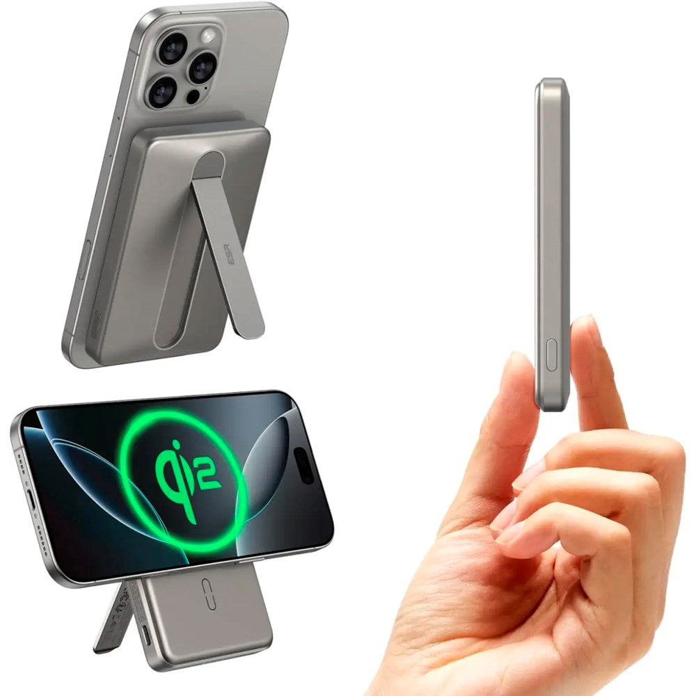 PowerBank m. Kickstand - ESR Qi2 MagSlim - 15W / 5000 mAh - MagSafe Kompatibel - Titanium