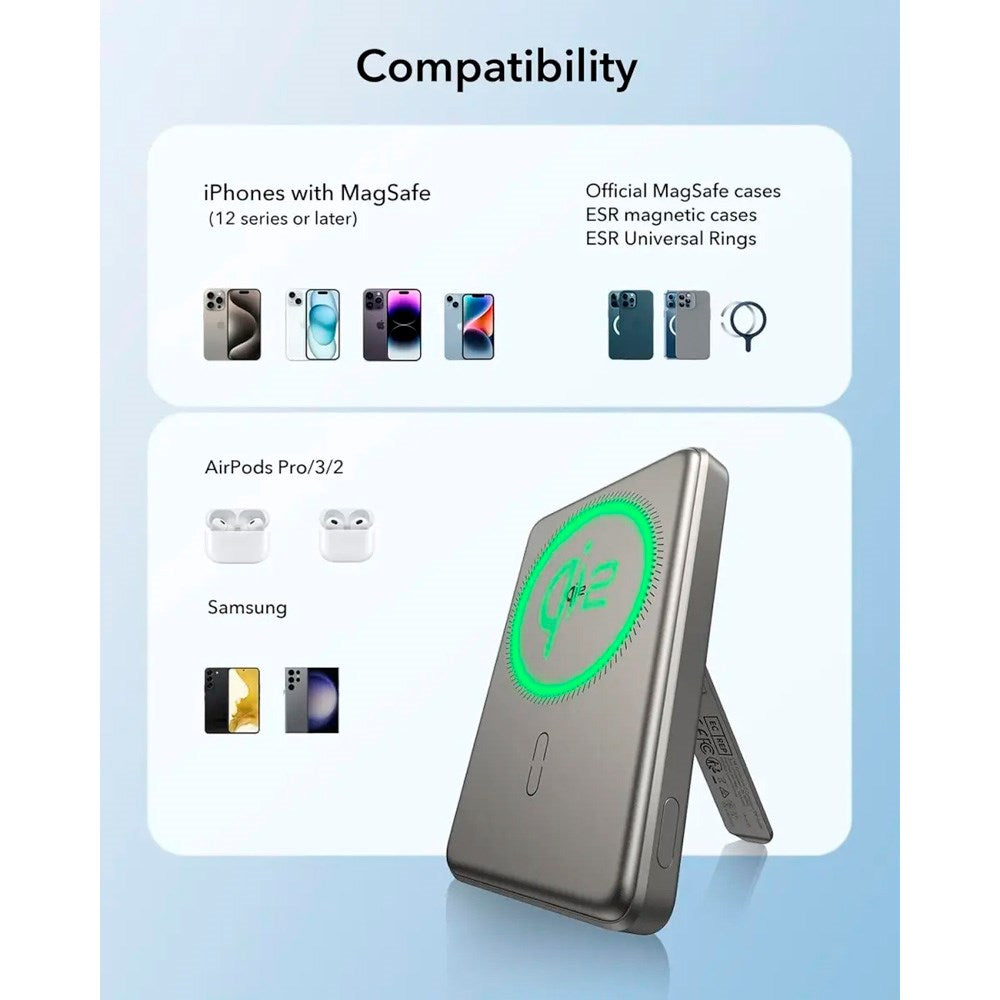 PowerBank m. Kickstand - ESR Qi2 MagSlim - 15W / 5000 mAh - MagSafe Kompatibel - Titanium