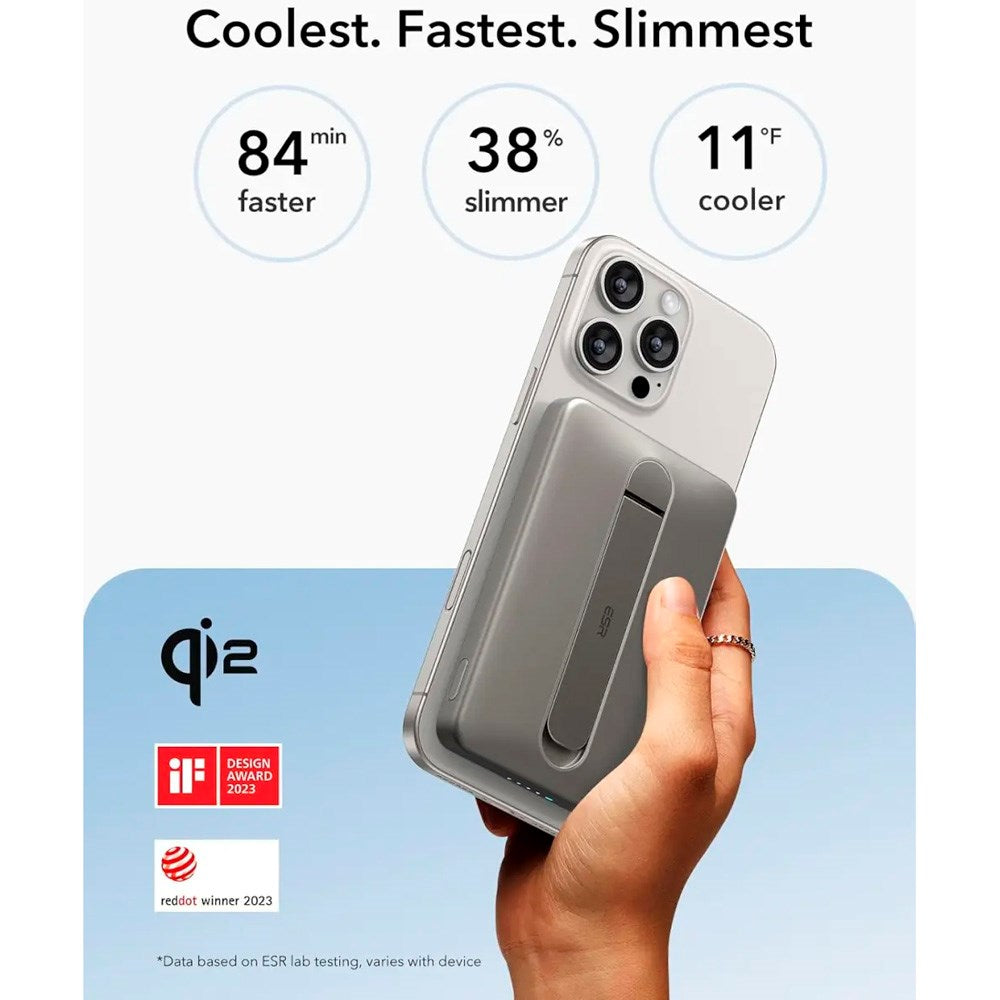 PowerBank m. Kickstand - ESR Qi2 MagSlim - 15W / 5000 mAh - MagSafe Kompatibel - Titanium