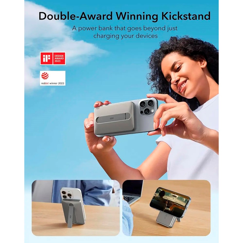 PowerBank m. Kickstand - ESR Qi2 MagSlim - 15W / 5000 mAh - MagSafe Kompatibel - Titanium