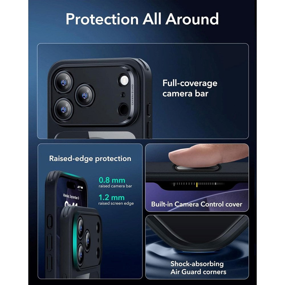 iPhone 17 Pro ESR Classic Hybrid Cover m. Indbygget Camera Control Knap - MagSafe Kompatibel - Gennemsigtig / Sort