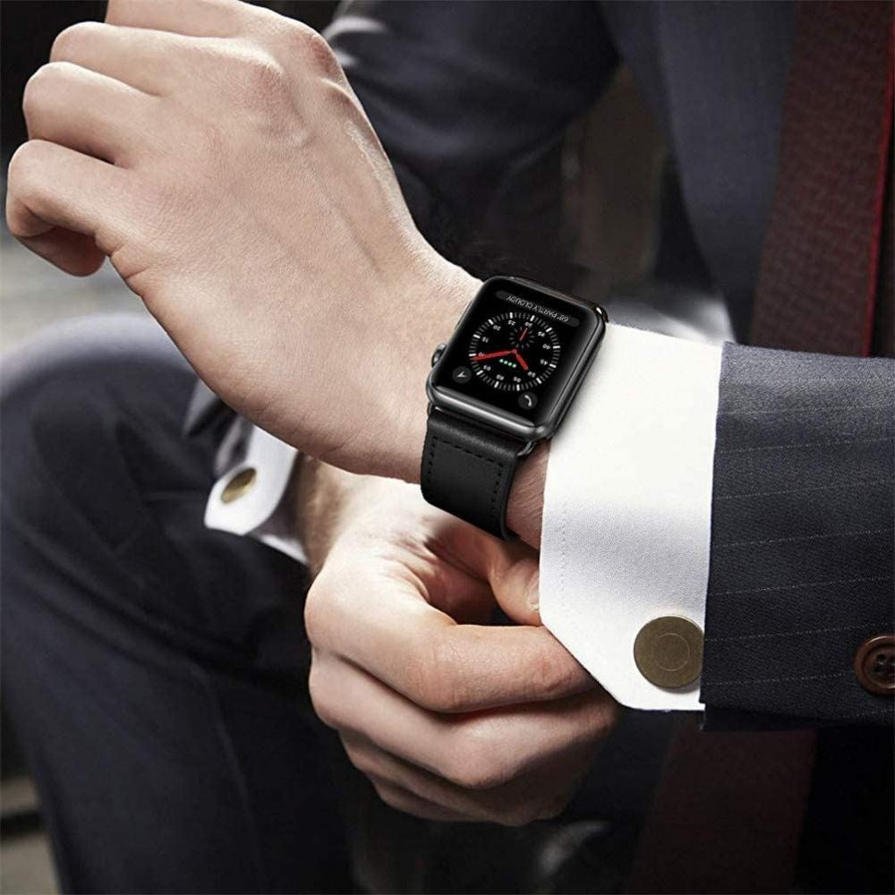 Apple Watch (38/40/SE/41mm) Tech-Protect Leatherfit Rem - Sort / Brun