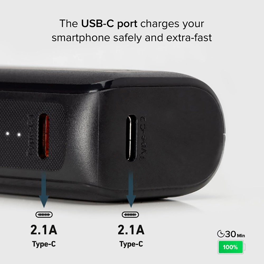 SBS NanoTube Powerbank m. USB-A &amp; USB-C 10W - 5000 mAh - Svart