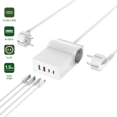 4smarts 6-i-1 Stømskinne m. 2x AC / 2x USB-C / 2x USB-A - 65W - Hvid