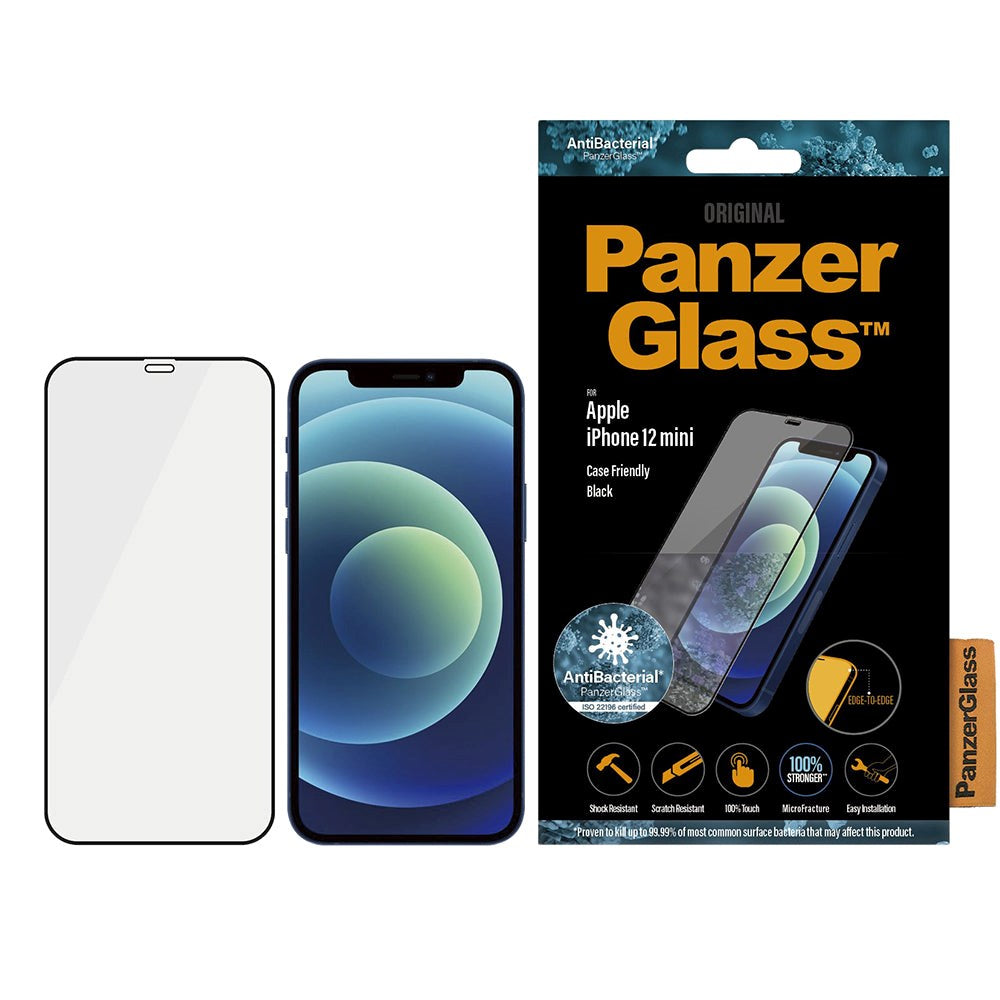 PanzerGlass iPhone 12 Mini AntiBacterial Edge-To-Edge Skærmbeskyttelse - Case Friendly - Sort Kant